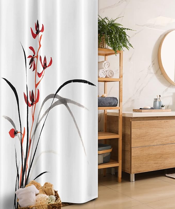 Ambesonne Japanese Stall Shower Curtain, Classic Cultural Chinese Ink Paint of Native Wild Orchids Reflexive Birches, Fabric Bathroom Decor Set with Hooks, 36" W x 72" L, Orange Black