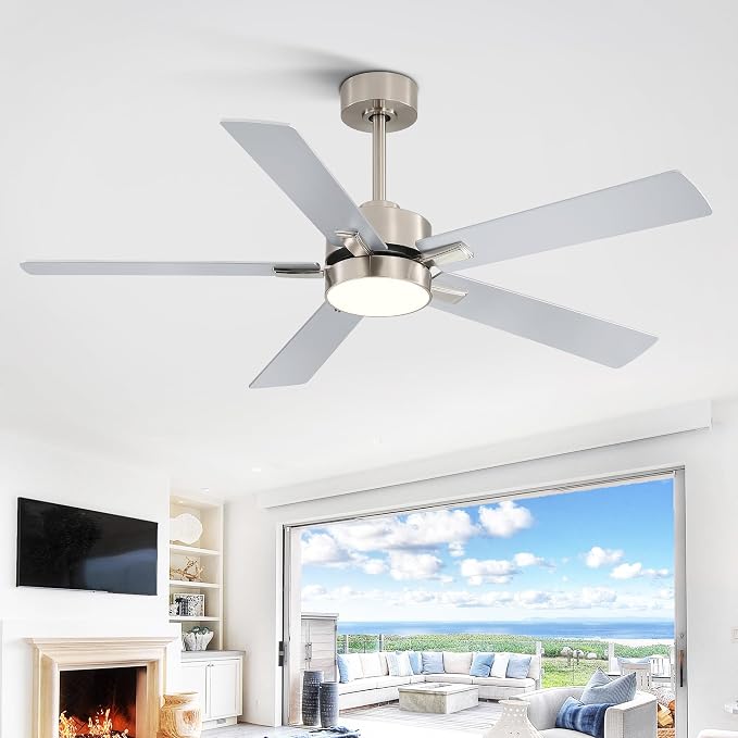 Ceiling Fans with LED Lights, 52 Inch 5-Blade Ceiling Fan Remote Control, Industrial Ceiling Fan with Reversible DC Motor, Downrod Mount LED Ceiling Light Chandelier for Bedroom (Satin Nickel)