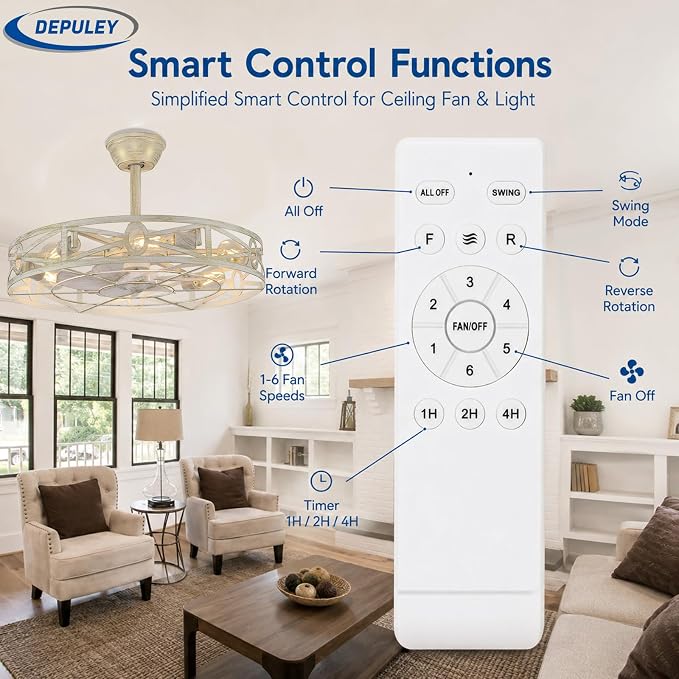 Depuley Caged Ceiling Fans with Light: 24-Inch Cement Enclosed Farmhouse Fandelier for Kitchen Bedroom - Industrial Semi Flush Mount Ceiling Fan with Remote 6 Speeds Reversible Motor Timer