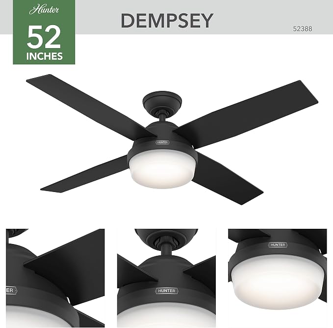 Hunter Dempsey, Indoor, Ceiling Fan, Modern, 4 Blades, 52 inch, Matte Black | with LED Light and Remote Control, Standard Mount, For Bedroom, Living Room, Kitchen, 52388