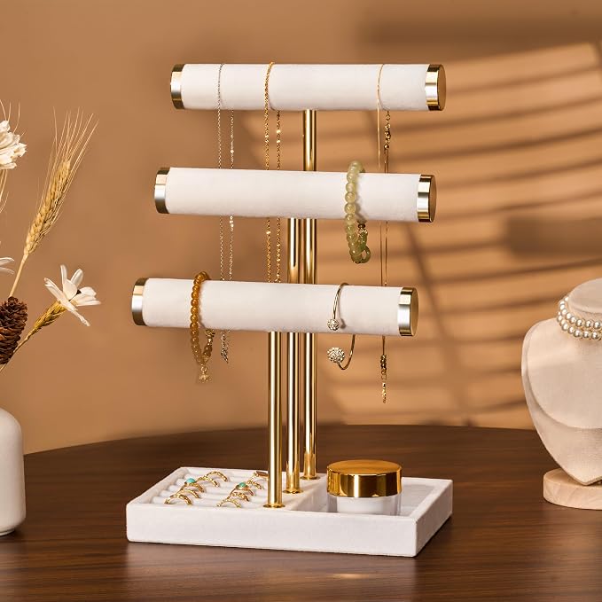 Jewelry Organizer Stand Display, 3 Tier Velvet Bracelet Holder, White | Jewelry Organizers and Storage | Jewelry Tree | Jewelry Towers for Necklaces, Bracelets, Earrings, Rings