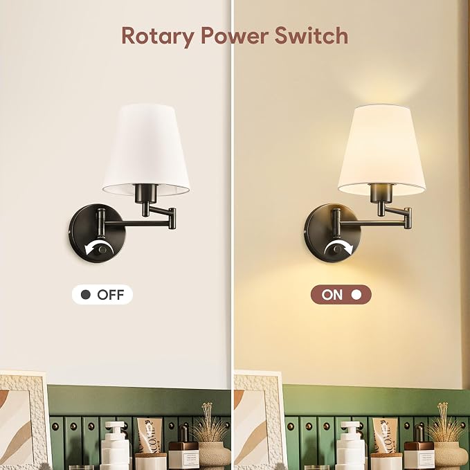 VONLUCE Modern Swing Arm Wall Mount Light Plug in, Corded Wall Lamps with White Fabric Shade, Black Metal Adjustable Wall Sconce, Wall Mount Lamp for Bedroom, Living Room, Bedside
