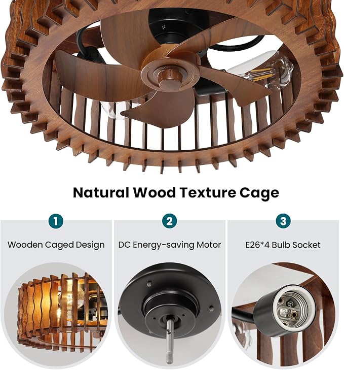20" Flush Mount Ceiling Fan with Light, Wooden Caged Low Profile Fandelier with Remote, 6-Speed Reversible Bladeless Fan, Farmhouse Ceiling Fan for Bedroom, Kitchen, Living Room