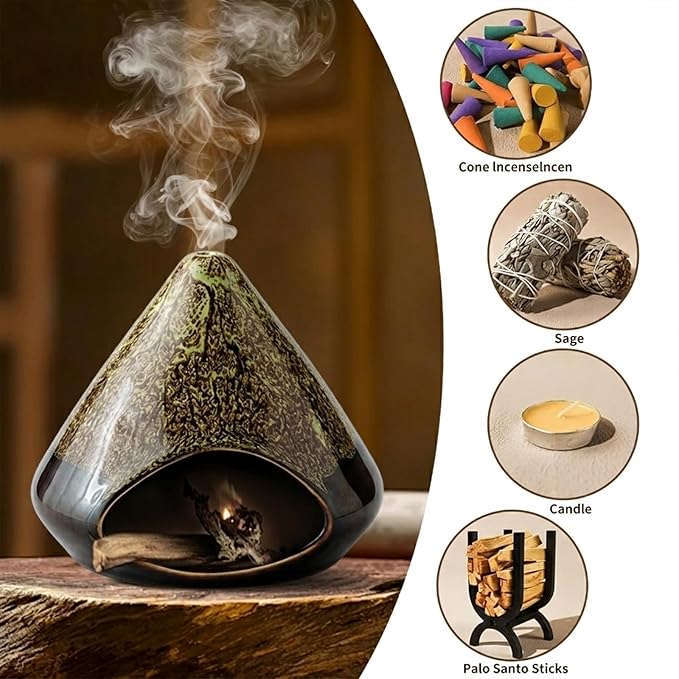 Handcrafted Ceramic Palo Santo Holder –Artistic Incense Burner for Meditation, Mindfulness & Zen Home Decor – Wabi-Sabi Style Cone Sculpture, Relaxation & Aromatherapy-Gift for Yoga (Green)