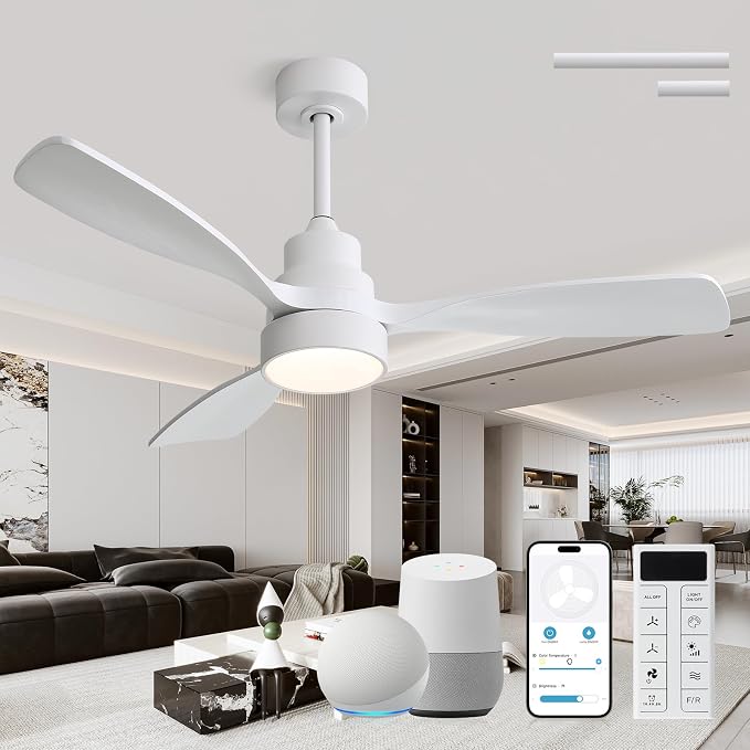 CACI Mall 48 inch White Smart Ceiling Fans with Lights, Low Profile, Modern, 3 Blades, Solid Wood, Remote Control, Work with Alexa/Google, Outdoor Indoor Ceiling Fans for Patio Living Room Bedroom