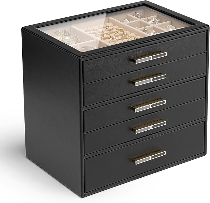 VLANDO 5-Drawer Jewelry Box with Glass Lid, Faux Leather Organizer for Rings Earrings Necklaces and More, Gift-Ready Jewelry Case for Women Girls or Moms, Black