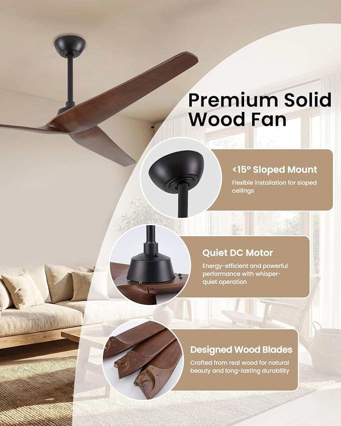 Skylike 60in Modern Wood Ceiling Fan No Light with Remote for Bedroom-Dark | Real Wood Blades, Quiet DC Motor,Reversible,Beep-Off Function,6 Speeds,3 Timers,12" downrod,Indoor and Outdoor
