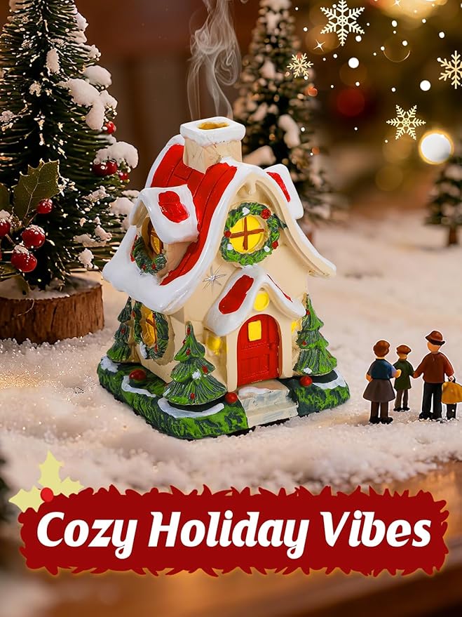 Christmas Log Cabin Incense Burner - Gift for Mom Wife Her Women, Christmas Village House Incense Holder with 2 Incense Cones for Home Decorations, Red