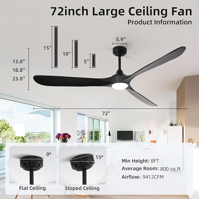 Ceiling Fan with Lights, 72'' Solid Wood Indoor/Outdoor Ceiling Fan with Quiet Reversible DC Motor, Compatible with Alexa/Google/App, 3CCT Dimmable, 6 Speeds Black Outdoor Fan for Patio Porch
