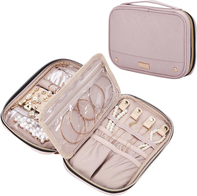 NISHEL Travel Jewelry Case Organizer, Tangle-Free Necklace Storage Bag | Stores rings, earrings, bracelets and watches in a compact case for travel, vacations and daily use, Pink, Medium