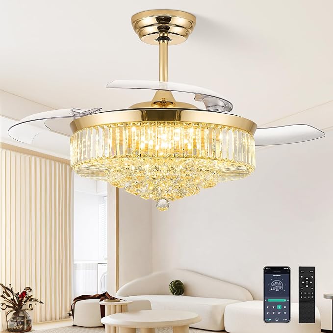 52 Inch Fandelier Ceiling Fan with Light, Chandelier Ceiling Fan for Bedroom Living Room, 3 Color Temperature, 6 Wind Speed. Reversible Motor, Memory Function-Gold