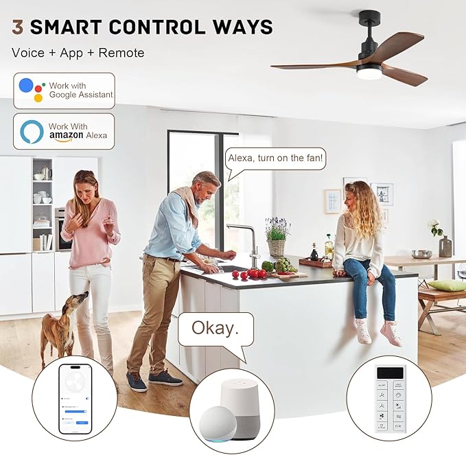 Sofucor Smart Ceiling Fan with Light, 52 Inch Solid Wood Ceiling Fans with Lights and Remote,Work with Alexa/Google, Low Profile Indoor/Outdoor Ceiling Fan, Quiet DC Motor, for Bedroom Patio Farmhouse