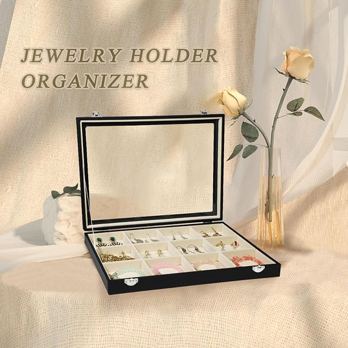 Stratalife 12 Grid Bracelet Jewelry Box, Bangle Holder Organizer with Lid | PU Leather Storage Box for Earring, Ring, Studs and Trinkets, Soft Velvet Drawer Organizer for Women, Dustproof, Beige Black