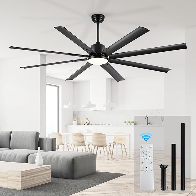 72 lnch lndustrial Celing Fan with Light and Remote Control,Large Celing Fan with 8 Black Aluminum Blades,6 Speed Noiseless DC Motor,Wet Rated Indoor Outdoor Ceiling Fans for Patio,Garage,Exterio