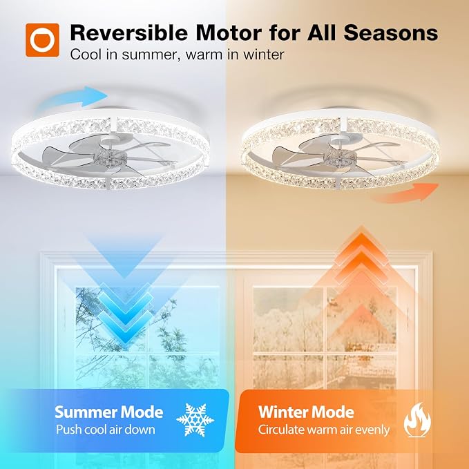 addlon Ceiling Fans with Lights and Remote, 24'' Low Profile Flush Mount Ceiling Fan, 3000–6000K Dimmable LED Fandelier, Bladeless Crystal Fan Light for Bedroom, Kitchen, Living Room, White
