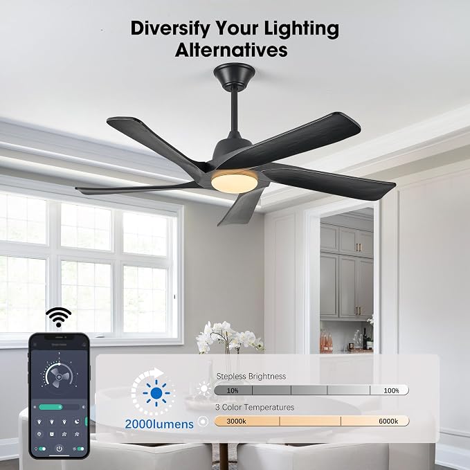Ceiling Fan with Light, 52 Inch Solid Wood Ceiling Fans, Remote and APP Control, 3-color Dimmable, DC Motor, 6-speed Reversible, for Bedroom, Living Room, Black