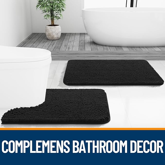 OLANLY Large Bathroom Rugs 59x35, Extra Soft Absorbent Chenille Bath Rugs, Rubber Backing Quick Dry, Machine Washable Bath Mats for Bathroom Floor, Tub and Shower, Home Decor Accessories, Black