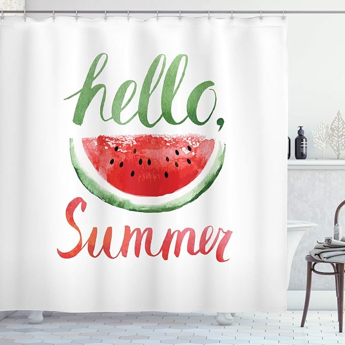 Ambesonne Hello Summer Shower Curtain, Watermelon Calligraphy Fruit Food Summer Painting Effect Modern, Cloth Fabric Bathroom Decor Set with Hooks, 69" W x 70" L, Jade Green and Dark Coral