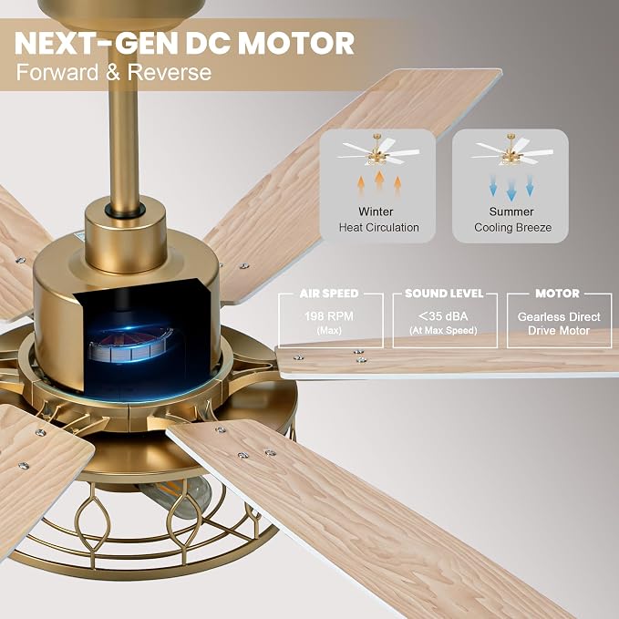 Dawn Whisper 60 Inch Ceiling Fans with Lights White and Gold Farmhouse Ceiling Fan for Bedroom Living Room Quiet and Reversible DC Motor Caged Chandelier Fan
