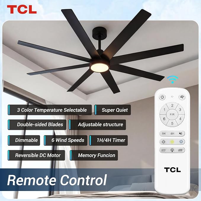 TCL 72 Inch Large Ceiling Fans with Lights and Remote, Quiet Modern Ceiling Fan, 3 CCT Dimmable Remember LED Reversible 8 Dual Side Blades for Living Room Patio Garage (black, 72)