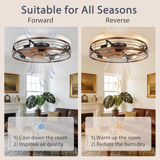 VOLISUN 27.6'' Caged Ceiling Fan with Light and Remote,Rustic Low Profile Ceiling Fan with Light Flush Mount, Farmhouse Bladeless Fandelier Ceiling Fans with Lights for Kitchen,Bedroom-Gold