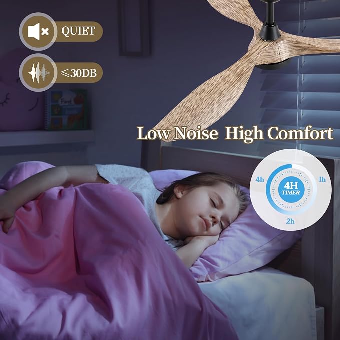Roomratv Ceiling Fans with Lights,52 Inch,Quiet & Strong Motor,6 Speeds,3CCT,Timer,Easy to Install,Black Modern Ceiling Fan for Living Room,Bedroom,Kitchen,Office,Farmhouse,Patios