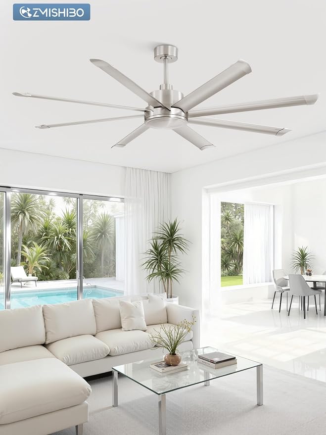 ZMISHIBO 72 Inch Large Ceiling Fan No Light, 8 Aluminum Blades, 6-Speed Remote Control, Industrial Ceiling Fan without Light, Quiet DC Motor, Indoor/Outdoor Ceiling Fans for Patio, Garage, Shop