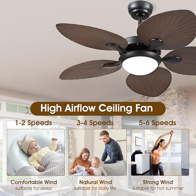 Wiviniya Tropical Ceiling Fans with Lights, 44 Inch Palm Leaf Outdoor Ceiling Fan with Light for Patios Porch Bedroom, Remote/APP Control, Reversible Quiet DC Motor, Dimmable LED, Dark Brown