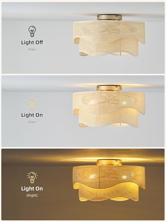 Flush Mount Ceiling Fan with Lights, 20" Low Profile Boho Ceiling Fan with Light Remote Control, Caged Rattan with 6 Speeds for Bedroom, Nursery, Living Room