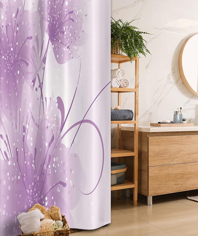 Ambesonne Modern Stall Shower Curtain, Abstract Art Style Illustration of Swirling Ornaments and Irregular Dots, Fabric Bathroom Decor Set with Hooks, 36" W x 72" L, Pale Purple and White