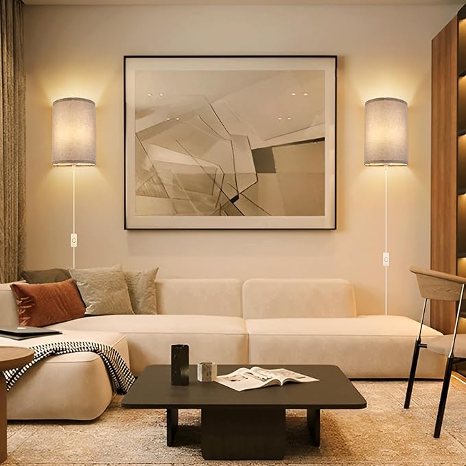 Wall Sconces Set of 2, Plug in Wall Sconces with On/Off Switch, 3-Color Selectable (3000K/4000K/6000K), Fabric Linen Lamp Shades, No Wiring Required, Ideal for Bedroom, Living Room, and Porch (Grey)