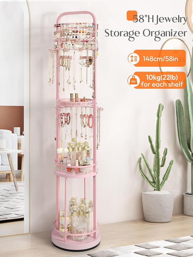 Jewelry Holder Organizer, Floor Jewelry Organizer with Earring Organizer Necklace Holder, Rotating Jewelry Stand Necklace Display Earring Storage, Large Hanging Jewelry Tree for Jewlery Bracelet Ring