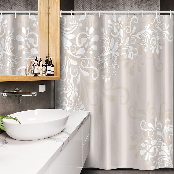 Ambesonne Oriental Stall Shower Curtain, Floral Ivy Swirls and Leaves Abstract Modern Frame Like Artwork Image, Fabric Bathroom Decor Set with Hooks, 54" W x 78" L, White Cream