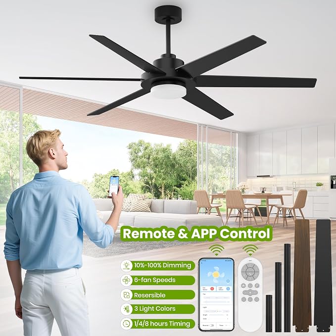 64 inch Ceiling Fans with Lights and Remote&APP,Industrial Ceiling Fan Reversible Quiet DC Motor, 6 Speed 3 CCT Dimiable, Modern Large Ceiling Fan for Living Room Farmhouse Patios Outdoor Gazebo Black