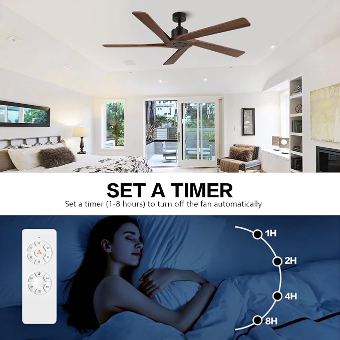 WINGBO 54 Inch DC Ceiling Fan without Lights, 5 Reversible Carved Solid Wood Blades, 6-Speed Noiseless DC Motor, Ceiling Fan No Light with Remote, Matte Black Finish with Walnut Blades, ETL Listed