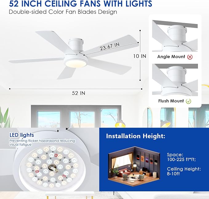 Hounberi 52 Inch Flush Mount Ceiling Fan with Lights and Remote, Modern Quiet DC Motor Low Profile Ceiling Fan for Low Ceilings, 5 Reversible Blades, 6 Speeds Dimmable, Indoor Outdoor Bedroom, White