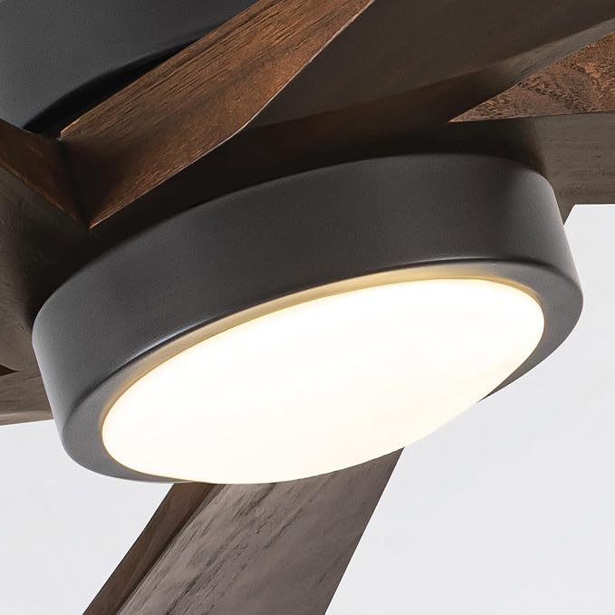 EKIZNSN 84 Inch Outdoor Low Profile Flush Mount Ceiling Fans with Lights and Remote Control for Patios, 6-Gear Speed, 110V Noiseless Reversible DC Motor (Black Finish with Walnut Blades)