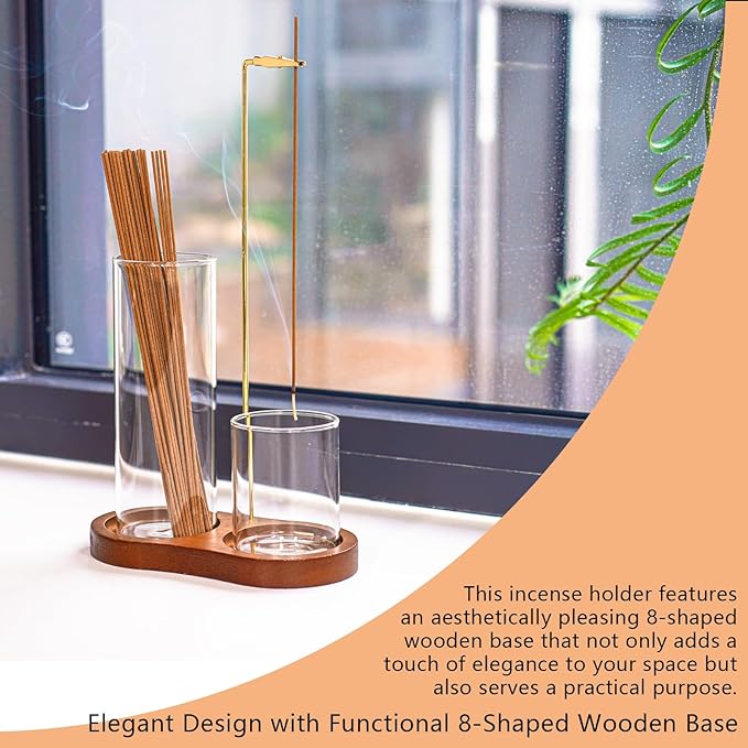 Modern 2-in-1 Incense Holder with Glass Ash Catcher, Featuring a Wood Tray, Metal Rod & 2 Glass Cups for Organized Burning. Perfect for a Clean Desk, Zen Meditation, Yoga and Home Decor