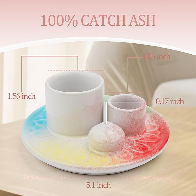 4 in 1 Incense Burner Holder,Sage Holder for Burning,Palo Santo Holder,Candle Holder,Ceramic Incense Burner Ash Catcher Tray for Meditation Yoga Room (Pastel Rainbow)