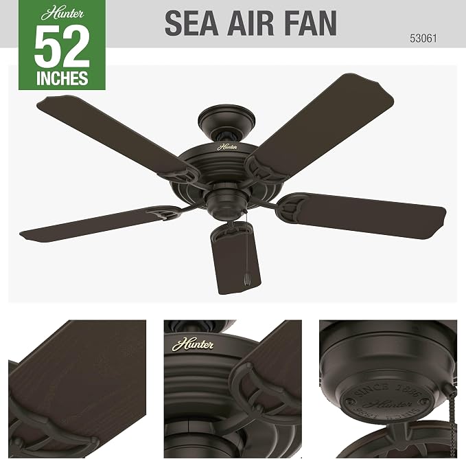 Hunter Sea Air, Outdoor or Indoor, Ceiling Fan, 52 inch, New Bronze | No Light, Standard Mount, Pull Chain, 5 Blades, For Living Room, Patio, Porch, Garage, 53061