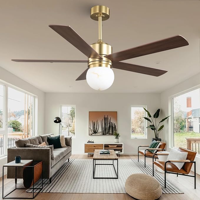52 Inch Ceiling Fan with Light and Remote, Indoor & Outdoor Brushed Gold Ceiling Fan for Living Room Garage, Quiet DC Motor, Timer, 6 Speeds