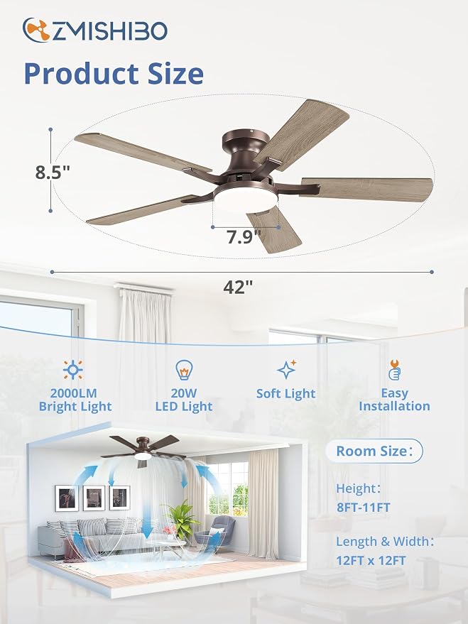 ZMISHIBO 42 Inch Ceiling Fan with Light, App&Remote Control, Flush Mount Low Profile, Dimmable 20W LED Light, Quiet Reversible Motor for Bedroom, Living Room, Apartment, Brown