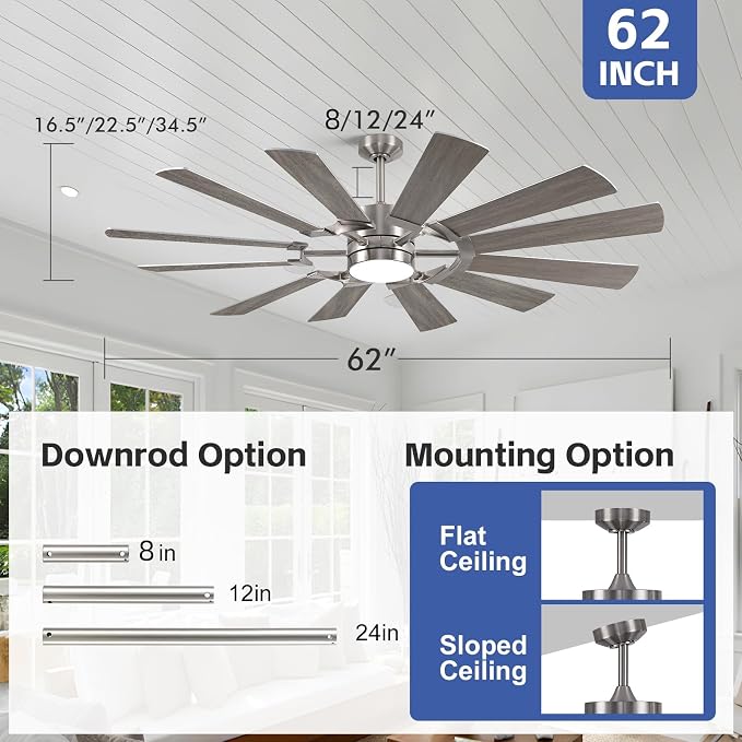 62'' Farmhouse Ceiling Fan with Light,12 Dual-Finish Wind Mill Blades, 3 Downrods, 6-Speed Reversible DC Motor, High CFM, 3CCT, Indoor Outdoor Modern Industrial Fans for Patio Commercial Shop Garage