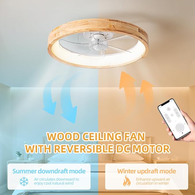 Low Profile Ceiling Fan with Light and Remote Control, 20 Inch Small Flush Mount Wood Fan Light, Modern Smart Dimmable Quiet LED Fan Light for Bedroom Living Room
