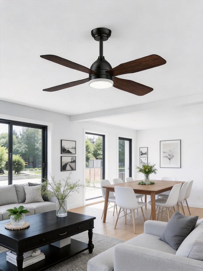 42 Inch Ceiling Fans with Lights: Ceiling Fan with 4 Dual Sided Fan Blades, Remote and App Control, 6 Wind Speed, Reversible DC Motor, 3CCT Dimmable LED, Small Black Ceiling Fan for Bedroom