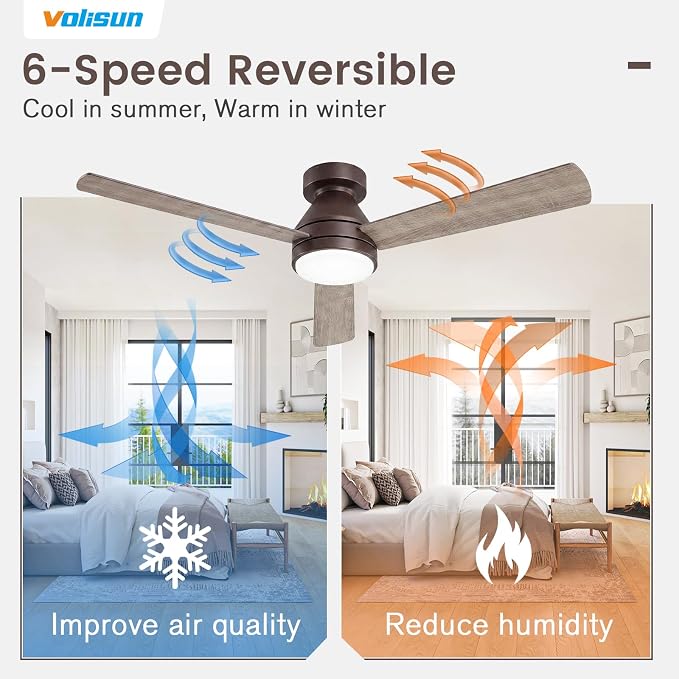 VOLISUN Ceiling Fans with Lights Flush Mount, 42 inch Low Profile Ceiling Fan with Light and Remote, Queit & Reversible Motor,3CCT, Dimmable, Brown Modern Ceilings Fans for Bedroom, Living Room
