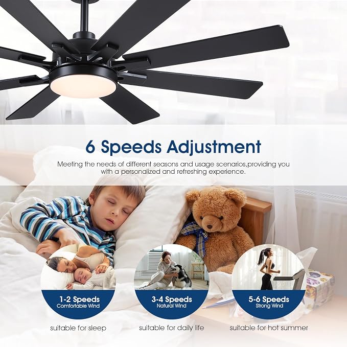 Kviflon 52 Inch Ceiling Fans with Lights, Modern Black Ceiling fan with light for Bedroom Living Room Indoor Outdoor, Remote/APP Control, Reversible Quiet DC Motor, Dimmable LED, 8 Wooden Blades
