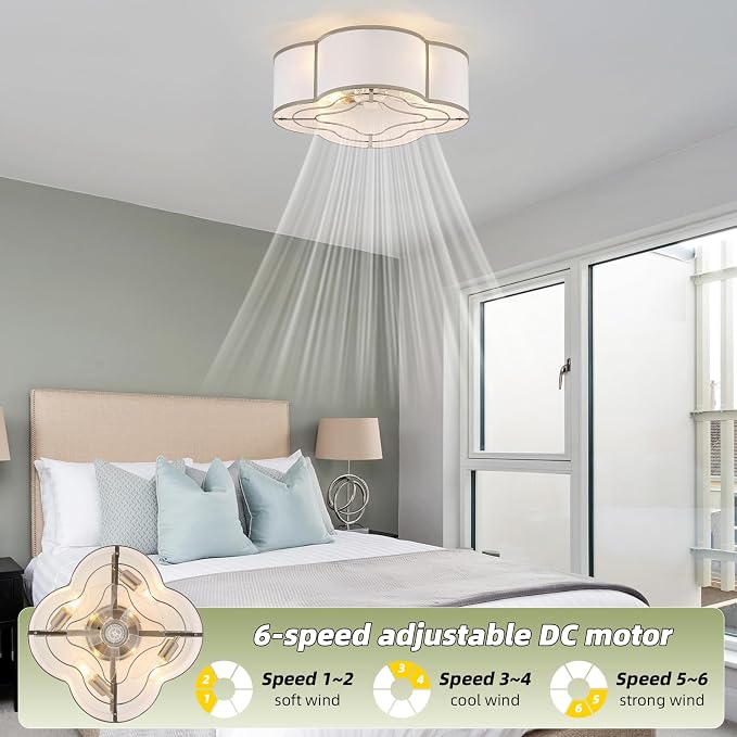 20" Boho Ceiling Fan with Light, Flush Mount Ceiling Fan with Light Remote Control, Enclosed with 6 Speeds for Bedroom, Living Room, Foyer, Nursery