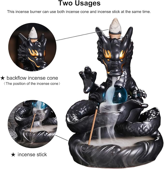 Dragon Shape Incense Waterfall, Ceramic Backflow Incense Holder, Handmade Waterfall Incense Burner with 20 Backflow Incense Cones + 30 Incense Sticks, Home Office Decor