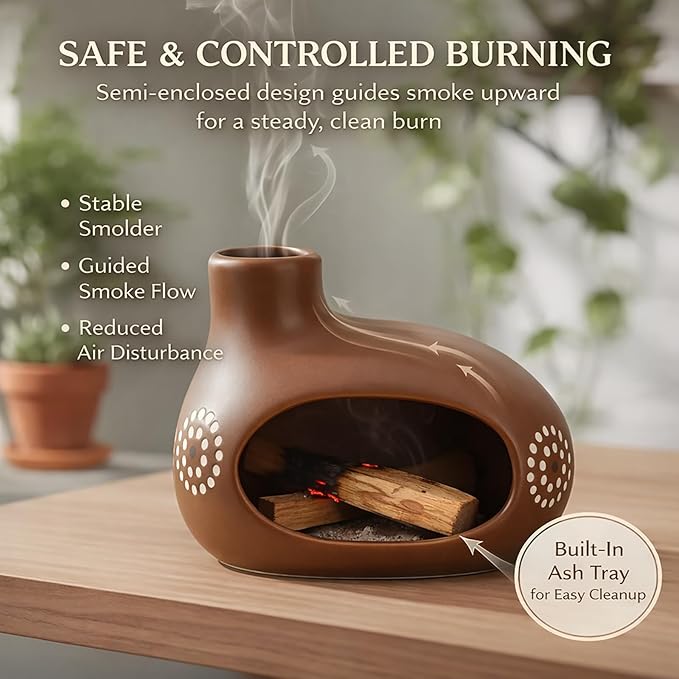 Palo Santo Holder, Chimney Palo Santo Burner, Ceramic Incense Holder with Ash Catcher for Yoga, Meditation, Home Fragrance & Cleansing, Burning Palo Santo Sticks, Cone Incense, Resin, Sage